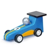 Blauwe baby raceauto in hout met pull-back