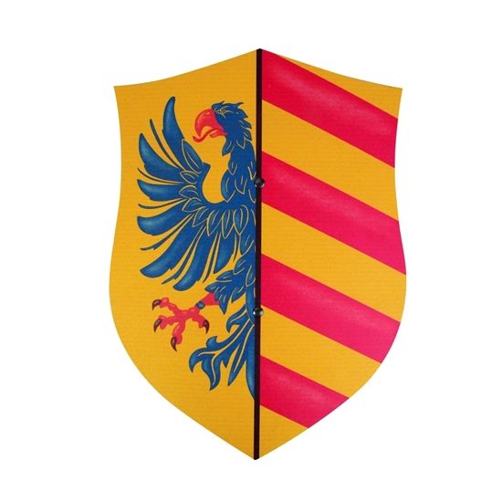 Bouclier de chevalier jaune à bandes rouges avec aigle bleu.