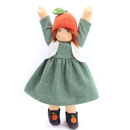 A cheering Nanchen doll with brown hair and eyes wears a green dress, a white waistcoat, an orange hat and black shoes.