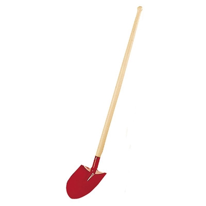Grote schop voor kinderen in rood gelakt metaal met lange beukenhouten steel van 70 cm.