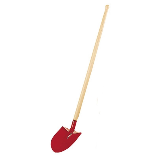 Grote schop voor kinderen in rood gelakt metaal met lange beukenhouten steel van 70 cm.
