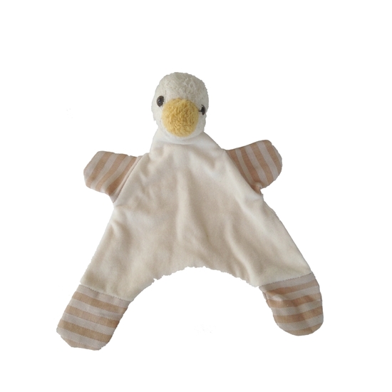 Doudou plat canard en velours de coton blanc bio avec bec jaune.