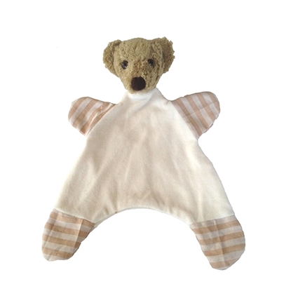 Doudou plat ours en velours de coton blanc bio avec la tête et l'extrémité  des pattes marron.