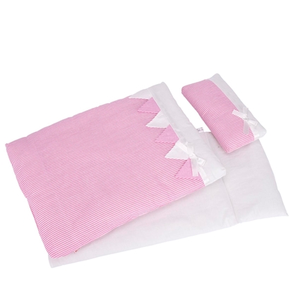  Poppenbed beddengoed roos en wit met satijnen strikjes.