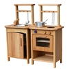 Cuisine jouet en bois modulaire avec plaques de cuisson, four, frigo et évier installés côte à côte.