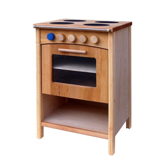 Speelgoedfornuisje in massief elzenhout met vier kookplaten, een oven met raam en een opbergruimte voor potten en pannen.