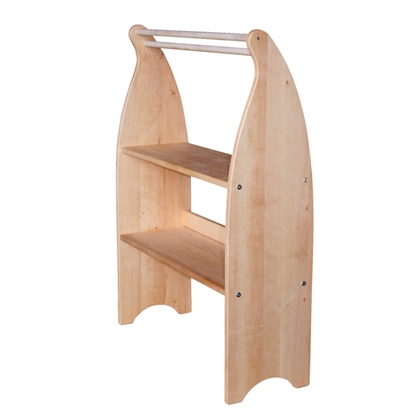 Playstand in elzenhout met 2 planken en een roede bovenaan