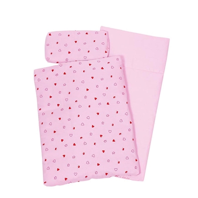 Roos poppenbed beddengoed bestaand uit een roos matras en een roos hoofdkussen en donsdeken met hartjes en kroontjes.