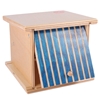Dubbele speelgoed garagebox in hout met bovenverdieping die omlaag kan komen en blauwe kip deur.